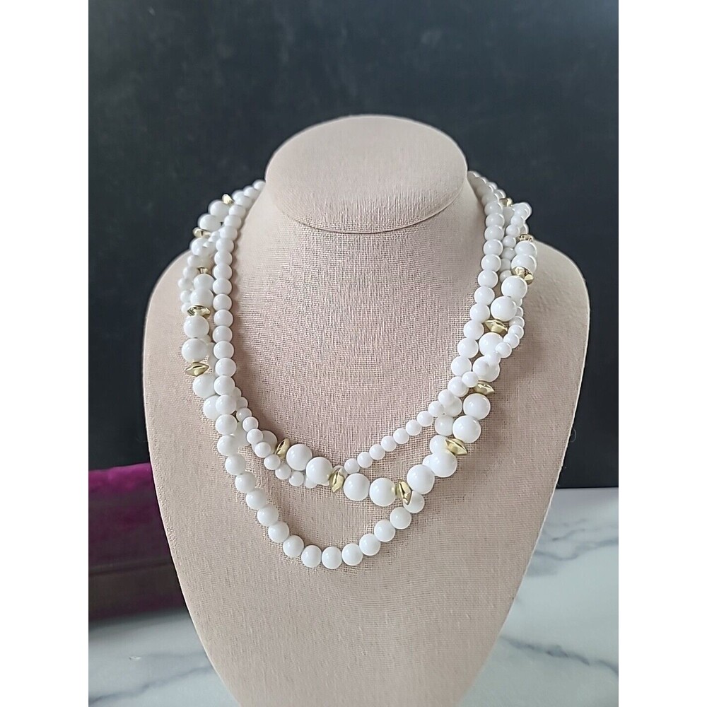 Multistrand White And Gold Beaded Necklace Vintage